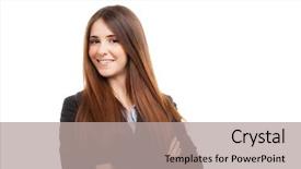  Presentation with young business woman smile show - Amazing PPT layouts having smiling woman isolated on white backdrop and a  colored foreground