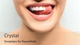  Presentation with young business woman smile show - Amazing PPT theme having smiling woman licking her teeth backdrop and a coral colored foreground
