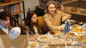  Presentation with lighting - Presentation theme consisting of smiling-woman-lighting-menorah-candles and a yellow colored foreground