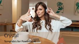  Presentation with coffee music - Slide set having smiling woman listening to music background and a coral colored foreground