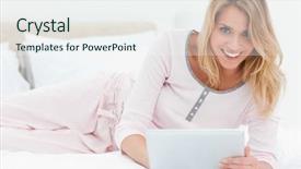  Presentation with forward - PPT theme having smiling woman looking forward and using her tablet pc background and a sky blue colored foreground