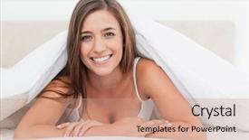  Presentation with end - PPT layouts with smiling woman looking straight ahead as she lies at the end of the bed background and a coral colored foreground