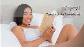 Presentation with reading - Cool new PPT theme with smiling-woman-lying-on-bed backdrop and a light gray colored foreground