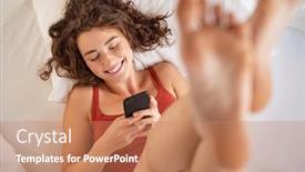  Presentation with smartphone app - Slide deck with smiling-woman-lying-on-white background and a coral colored foreground