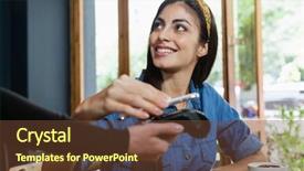  Presentation with payment - Amazing slides having smiling woman making payment backdrop and a tawny brown colored foreground