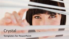  Presentation with moving - Theme having smiling woman moving her blinds background and a soft green colored foreground