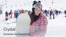  Presentation with snowboard - Presentation consisting of smiling woman on ski slope background and a  colored foreground