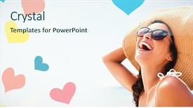  Presentation with shapes - PPT theme featuring smiling woman on the beach background and a sky blue colored foreground