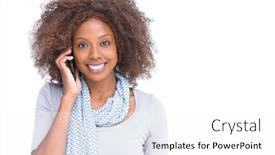  Presentation with phone - PPT theme featuring smiling-woman-on-the-phone background and a white colored foreground