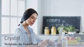  Presentation with online shopping - Presentation theme featuring smiling-woman-online-shopping-using background and a light blue colored foreground