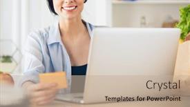  Presentation with online shopping - Presentation theme with smiling-woman-online-shopping-using background and a mint green colored foreground