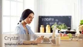  Presentation with online shopping - PPT layouts featuring smiling-woman-online-shopping-using background and a coral colored foreground