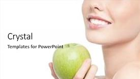  Presentation with portrait of a shy embarrassed - Cool new PPT layouts with smiling woman portrait on white backdrop and a  colored foreground