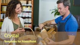 Presentation with purchasing - Beautiful slide deck featuring smiling woman purchasing bread at bakery store in supermarket backdrop and a tawny brown colored foreground