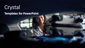 Presentation with car parking - PPT layouts having smiling-woman-puts-suitcases background and a wine colored foreground