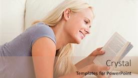  Presentation with living room - Slides enhanced with smiling woman reading a book in her living room background and a coral colored foreground