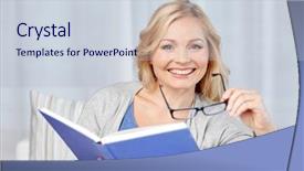  Presentation with book glasses - PPT layouts with smiling woman reading book background and a lemonade colored foreground