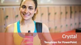  Presentation with locker room - PPT theme having smiling woman ready background and a coral colored foreground