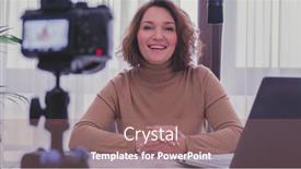  Presentation with online streaming - Colorful slide set enhanced with smiling-woman-recording-her-video backdrop and a coral colored foreground