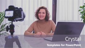  Presentation with online streaming - Slide deck consisting of smiling-woman-recording-her-video background and a gray colored foreground