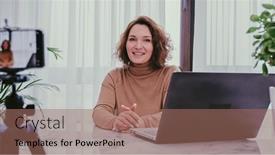  Presentation with online streaming - Presentation design enhanced with smiling-woman-recording-her-video background and a coral colored foreground