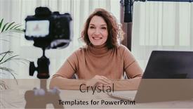  Presentation with online streaming - Presentation theme consisting of smiling-woman-recording-her-video background and a coral colored foreground