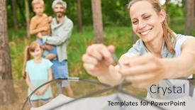  Presentation with tent - Presentation theme consisting of smiling-woman-setting-up-tent background and a coral colored foreground