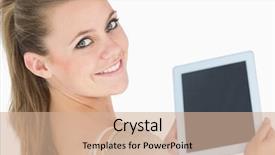  Presentation with tablet - Amazing presentation theme having smiling woman showing a screen tablet in the white background backdrop and a coral colored foreground