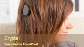  Presentation with cochlear implant - Audience pleasing presentation design consisting of smiling woman showing cochlear implant backdrop and a tawny brown colored foreground