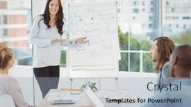  Presentation with flowchart - Audience pleasing slide set consisting of smiling woman showing flowchart backdrop and a light blue colored foreground