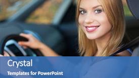  Presentation with car - Presentation theme enhanced with smiling woman sitting in car background and a ocean colored foreground