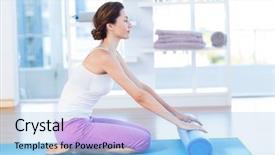  Presentation with exercise mat - Presentation having smiling woman sitting on exercise mat in medical office background and a light blue colored foreground