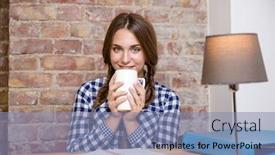  Presentation with homework - Beautiful theme featuring smiling woman sitting at the table with her homework and drinking tea at home backdrop and a light blue colored foreground