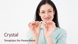  Presentation with cigarette - Beautiful slide set featuring smiling woman snapping cigarette in half on white background backdrop and a sky blue colored foreground