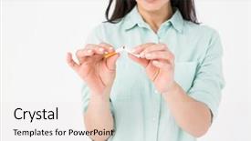  Presentation with cigarette - PPT theme having smiling woman snapping cigarette in half on white background background and a sky blue colored foreground
