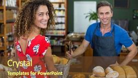  Presentation with bakery - Beautiful slide set featuring smiling woman standing at bakery counter in supermarket backdrop and a tawny brown colored foreground
