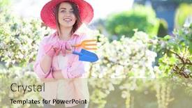  Presentation with orchard - Presentation design with smiling-woman-standing-with-gardening background and a soft green colored foreground