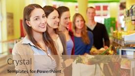  Presentation with queue - Beautiful theme featuring smiling-woman-stands backdrop and a coral colored foreground