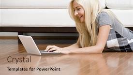  Presentation with room - Amazing theme having smiling woman stretches out on the living room floor with her laptop horizontal format backdrop and a coral colored foreground