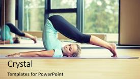  Presentation with woman sport - Presentation design having smiling woman stretching on mat background and a  colored foreground
