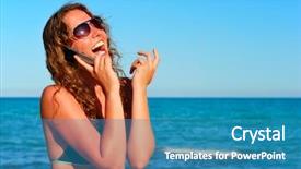  Presentation with talking on phone - Amazing PPT theme having smiling woman talking by phone backdrop and a teal colored foreground