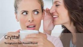  Presentation with secret - Audience pleasing PPT layouts consisting of smiling woman telling secret to her friend while drinking coffee backdrop and a coral colored foreground