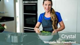  Presentation with tossing - PPT layouts consisting of smiling woman tossing a salad in the kitchen background and a ocean colored foreground