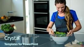  Presentation with tossing - Cool new presentation theme with smiling woman tossing a salad for dinner in the kitchen backdrop and a ocean colored foreground