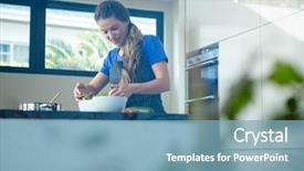  Presentation with tossing - Theme consisting of smiling woman tossing a salad for dinner in the kitchen background and a light blue colored foreground