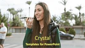  Presentation with city street - Presentation theme enhanced with smiling-woman-using-smartphone and a tawny brown colored foreground