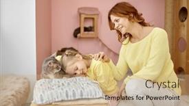  Presentation with volunteer - Presentation theme featuring smiling-woman-volunteer-looking background and a coral colored foreground
