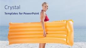  Presentation with walking - Slide set with smiling-woman-walking-on-beach background and a sky blue colored foreground