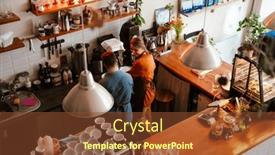  Presentation with employee training - PPT theme with smiling-woman-wearing-apron-training background and a tawny brown colored foreground