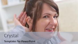  Presentation with aid - Presentation enhanced with smiling-woman-wearing-deaf-aid background and a light gray colored foreground